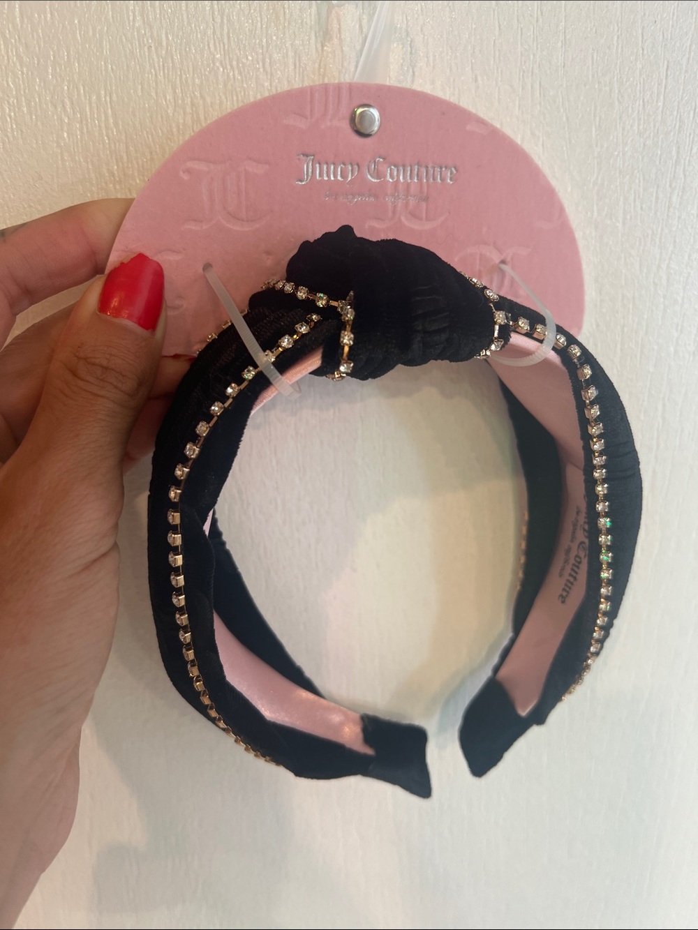 Juicy Couture Black Knotted Headband with Gold Rhinestone Trim
